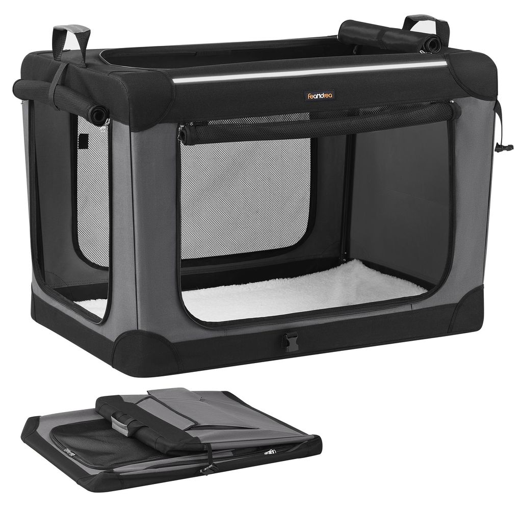 Feandrea Hundebox faltbar, 91,4 cm Transportbox für große Hunde, Hundetasche, mit 4 Türen aus Netzstoff, Griffen, Taschen für Futter, schwarz