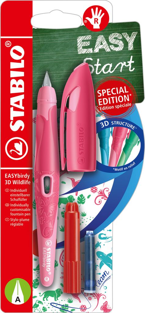 STABILO EASYbirdy ergonomischer Schulfüller - Feder A - Rechtshänder - 3D Wildlife rosa
