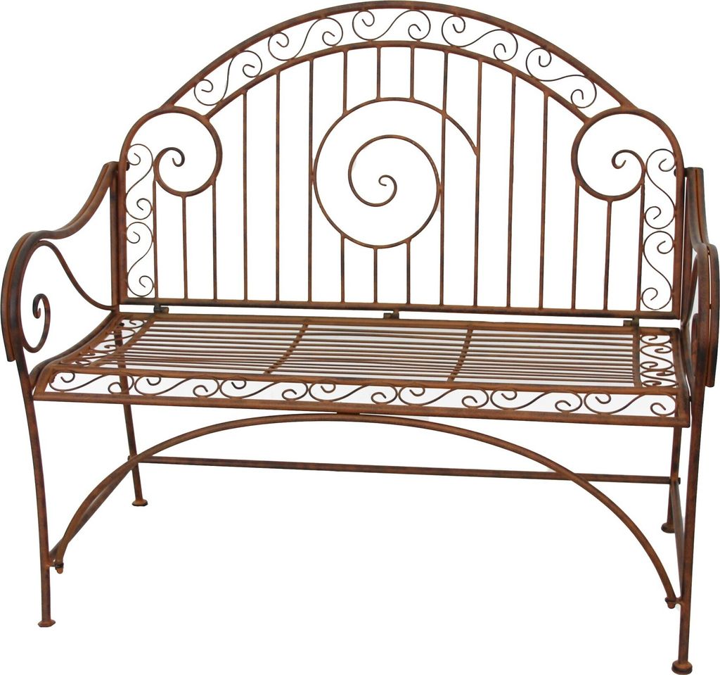 A brown metal garden bench is shown against a white background.