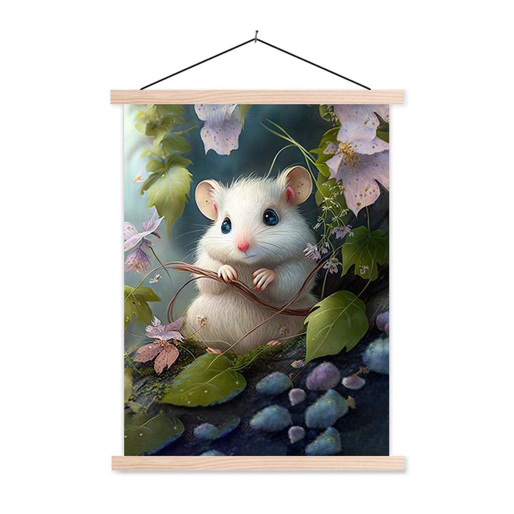 MuchoWow Textilposter Maus - Wald - Blumen - Illustration - Waldtiere 120x160 cm mit holzfarbenen Rahmen - Plakatkarton