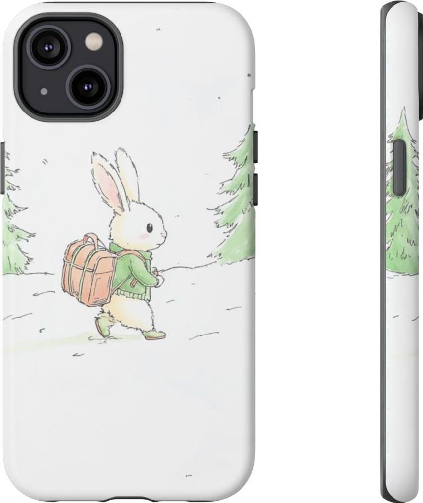 Niedlicher Hase mit Rucksack im verschneiten Wald – Hülle Kompatibel mit iPhone 14 Plus