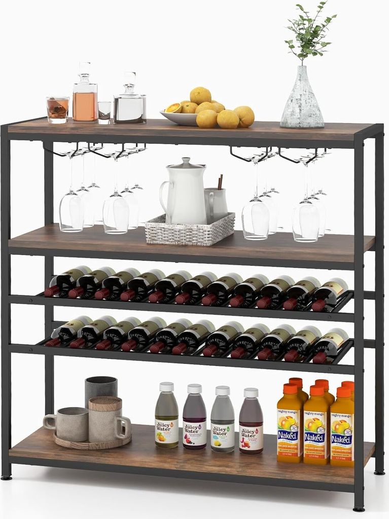 Weinregal mit 5 Ebenen, freistehender Barschrank mit 2 Weinregalen & 4 Reihen Getraenkehalter, Boden-Weinschrank für Küche, Esszimmer, Braun