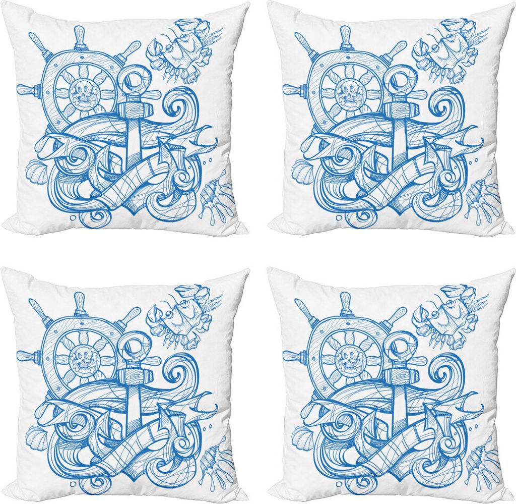 ABAKUHAUS Vintage Nautical Tattoo Kissenbezug Set (4 Stück), Crab Schädel Shell, Moderner Doppelseitiger Digitaldruck, 45 cm x 45 cm, Azure Blau ...