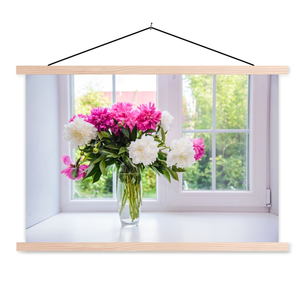 MuchoWow Textilposter Blumen - Pfingstrosen - Vase 60x40 cm mit holzfarbenen Rahmen - Bilder