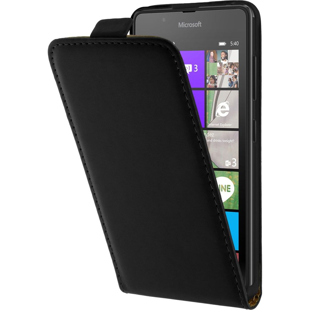 PhoneNatic Kunst-Lederhülle kompatibel mit Microsoft Lumia 540 Dual - Flip-Case schwarz + 2 Schutzfolien