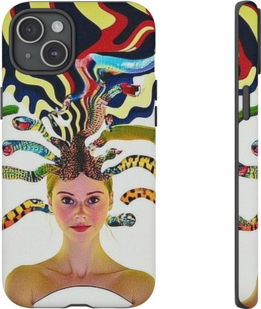 Surreales Porträt mit bunten Schlangen als Haar – Hülle Kompatibel mit iPhone 15 Plus