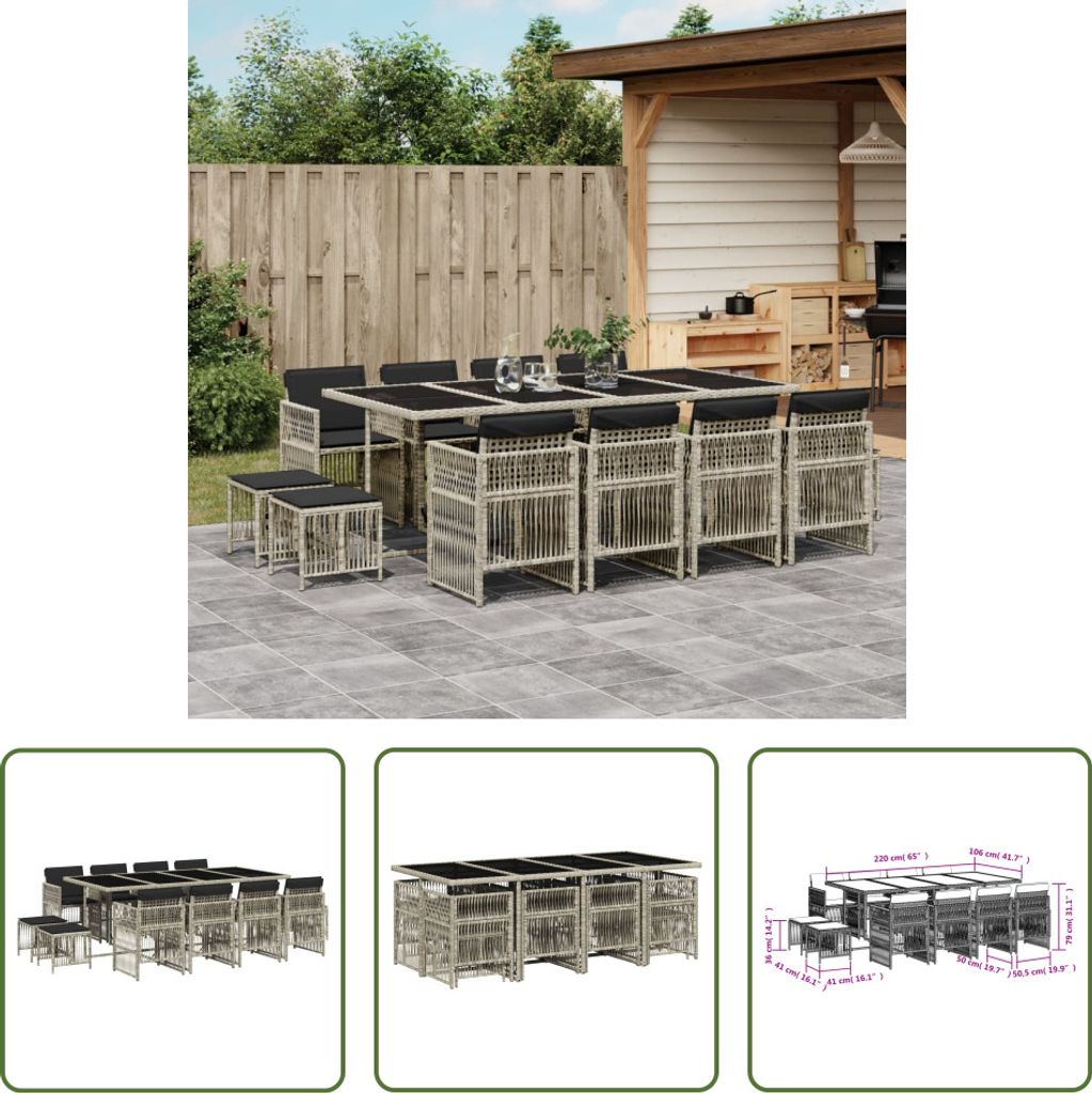 The Living Store 13-tlg. Garten-Essgruppe mit Kissen Hellgrau Poly Rattan