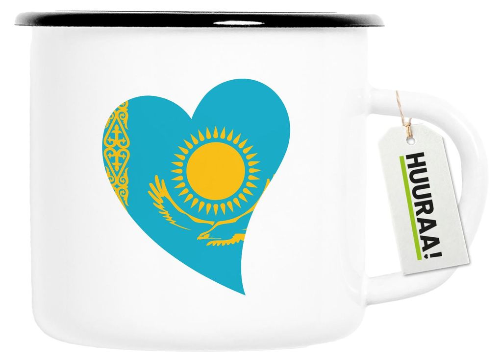 Huuraa Emaille Tasse Kasachstan Flagge Herz 300ml Vintage Campingbecher Geschenkidee