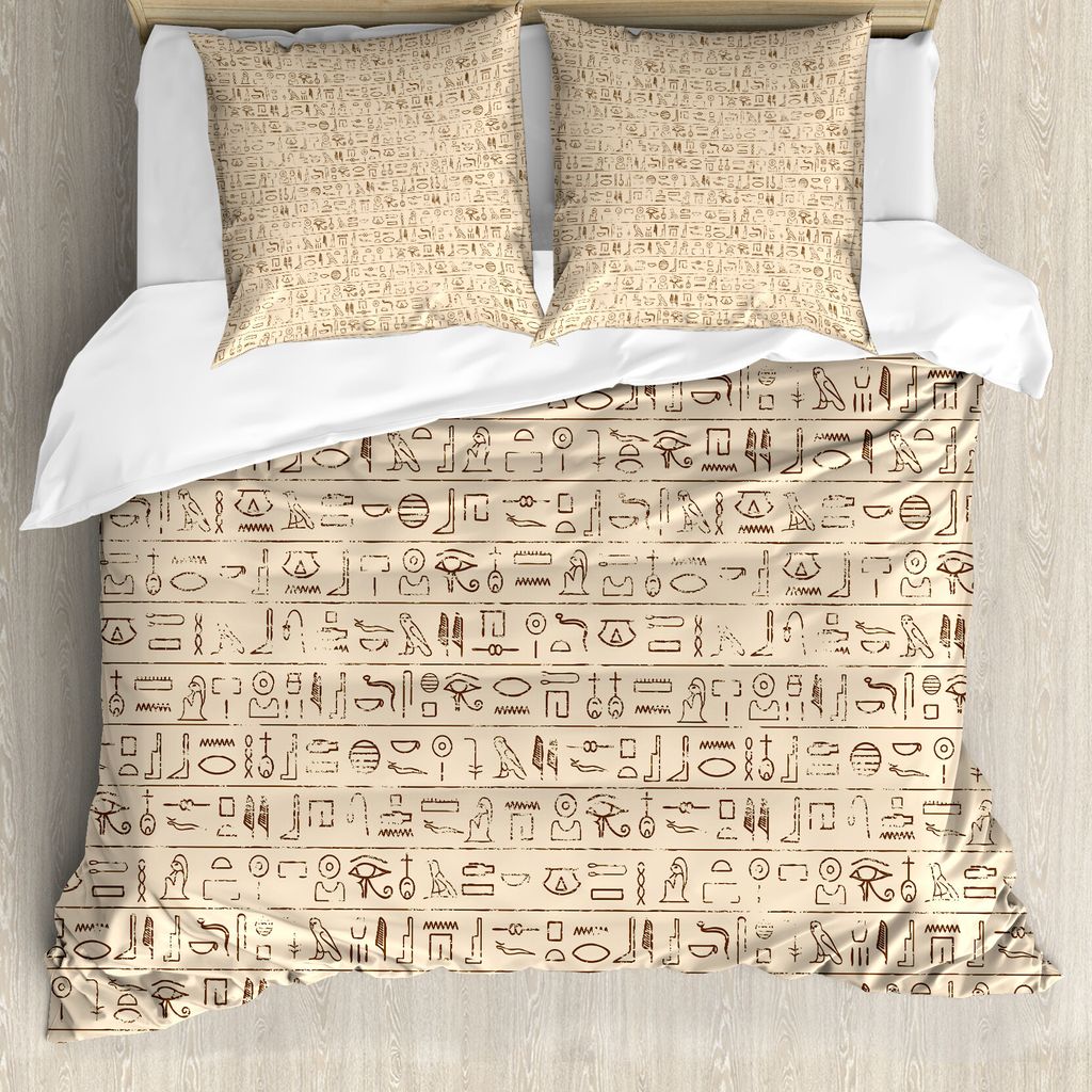 ABAKUHAUS ägyptisch Bettbezugs Set Für Doppelbetten, Datierte Hieroglyphen, Milbensicher Allergiker geeignet mit Kissenbezügen, Braun Tan