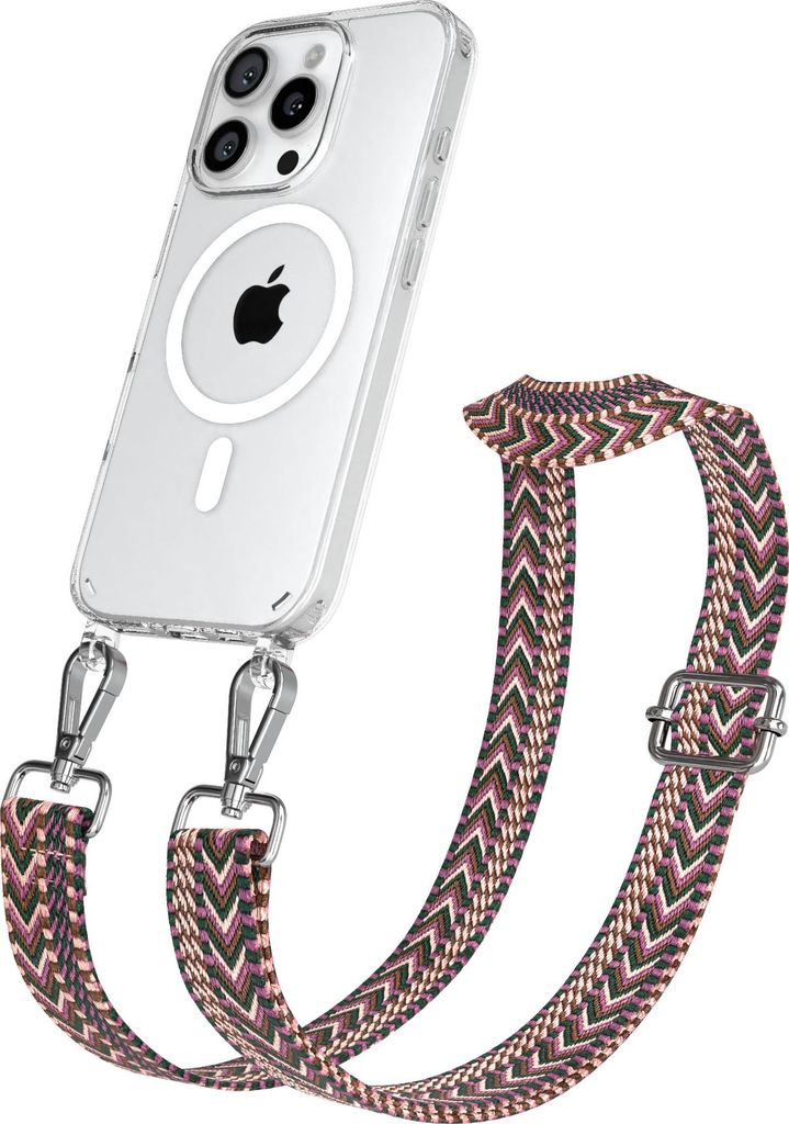 EAZY CASE - Handykette mit MagSafe Hülle für Apple iPhone 16 Pro, Handyband ZigZag Style,Karabiner Silber, Umhängeband in Dunkelrot