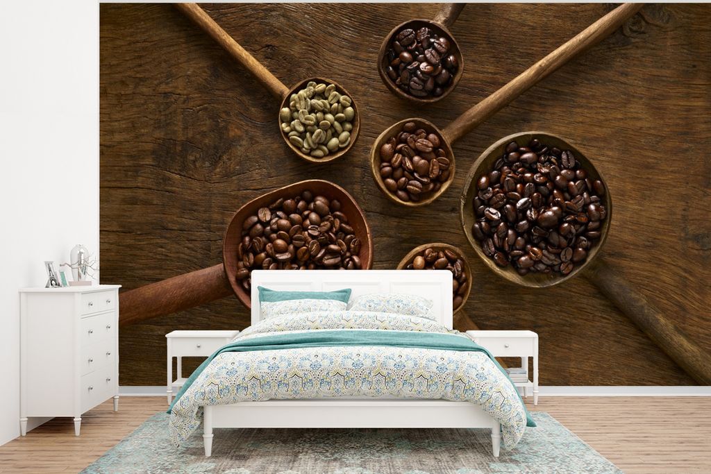 MuchoWow Fototapete für Wohnzimmer oder Schlafzimmer Wandtapete Vinyl Motivtapete Holzlöffel mit Kaffeebohnen auf einem braunen Hintergrund - 4...