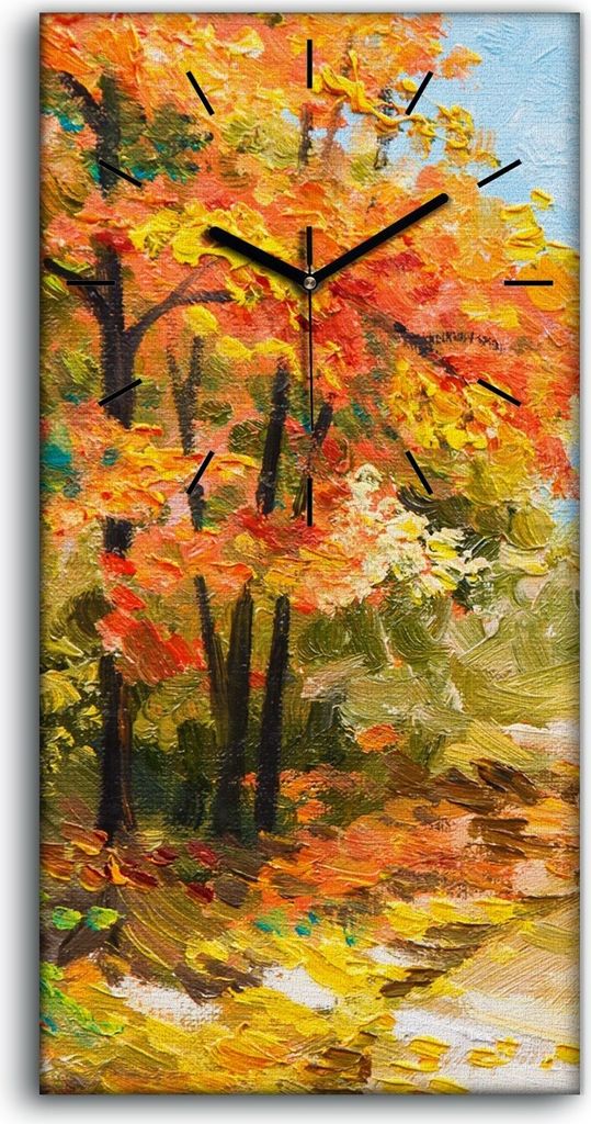 Dekor Leinwand Uhr Wandbilder Geräuschlos 30x60 Ölgemälde Wald Bäume Pfad Herbst - schwarze Hände