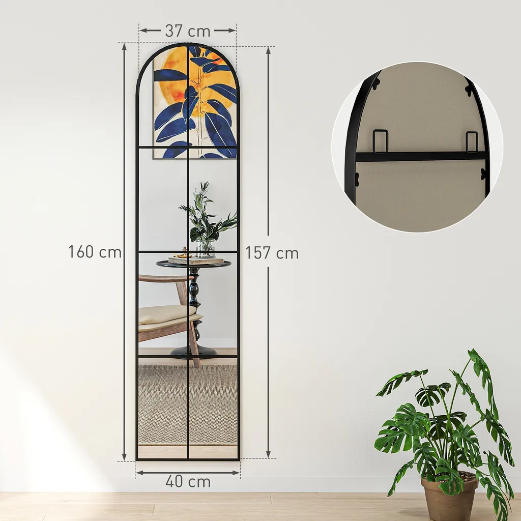 Grand Miroir Mural Noir 40x160 cm en Arche avec Cadre Métal Robuste