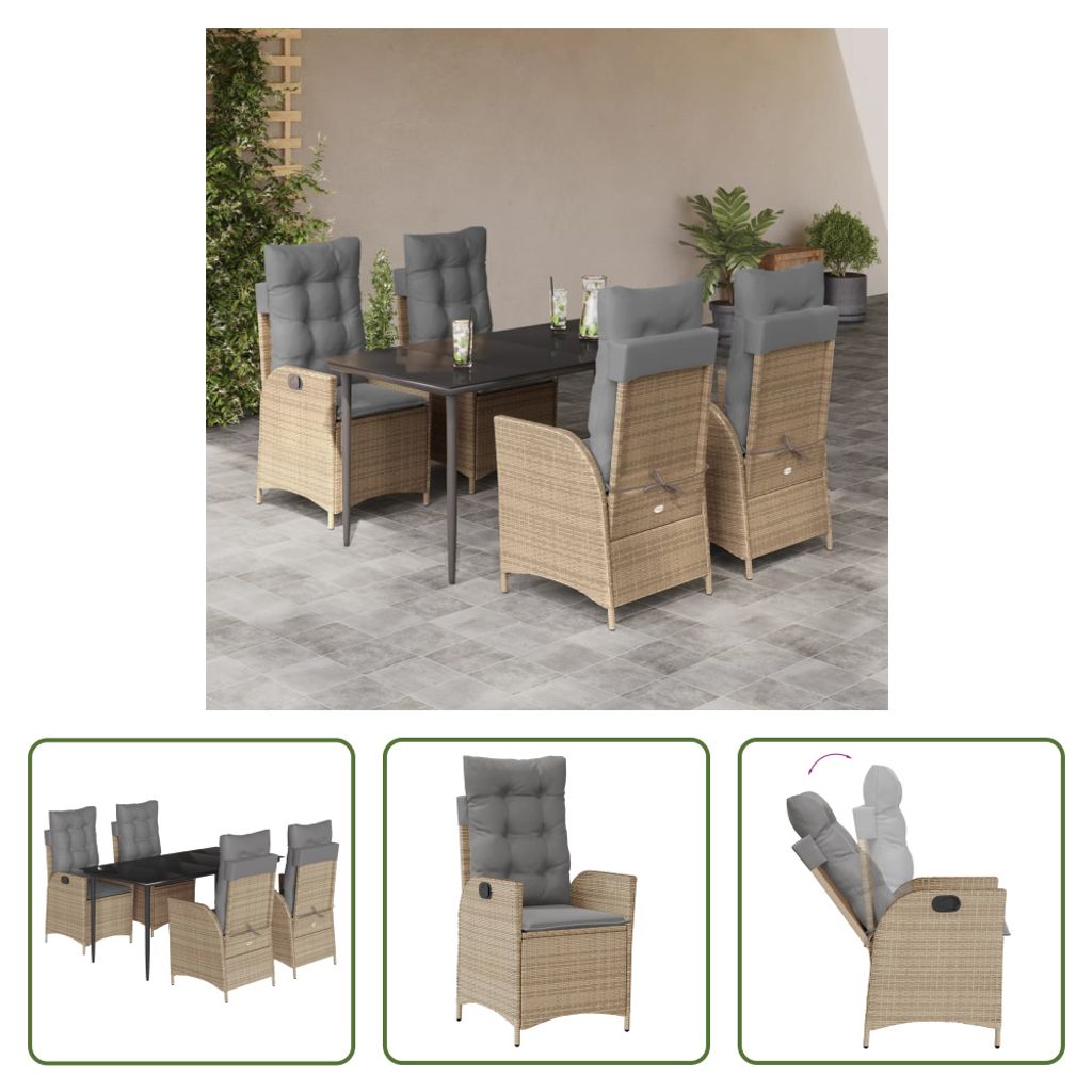 The Living Store 5-tlg. Garten-Essgruppe mit Kissen Beige Poly Rattan
