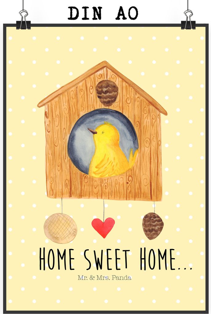 Mr. & Mrs. Panda Bild Vogelhaus Home DIN A0 - Gelb Pastell - Geschenk, Umzug, Lustige Sprüche, drucke, Haus, Vogel, Deko, Posterdruck, Sweet, Wand...