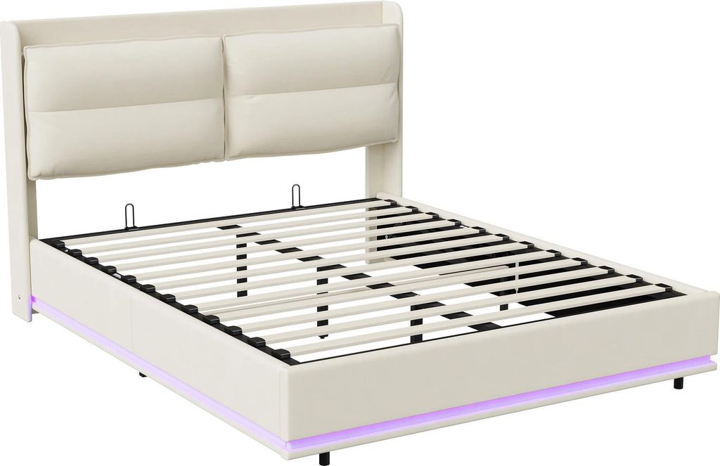 Polsterbett - Doppelbett - 140x200 cm - Stauraum mit Gasdruckfeder-Lift - LED-Beleuchtung - Holzgestell - Modernes Design