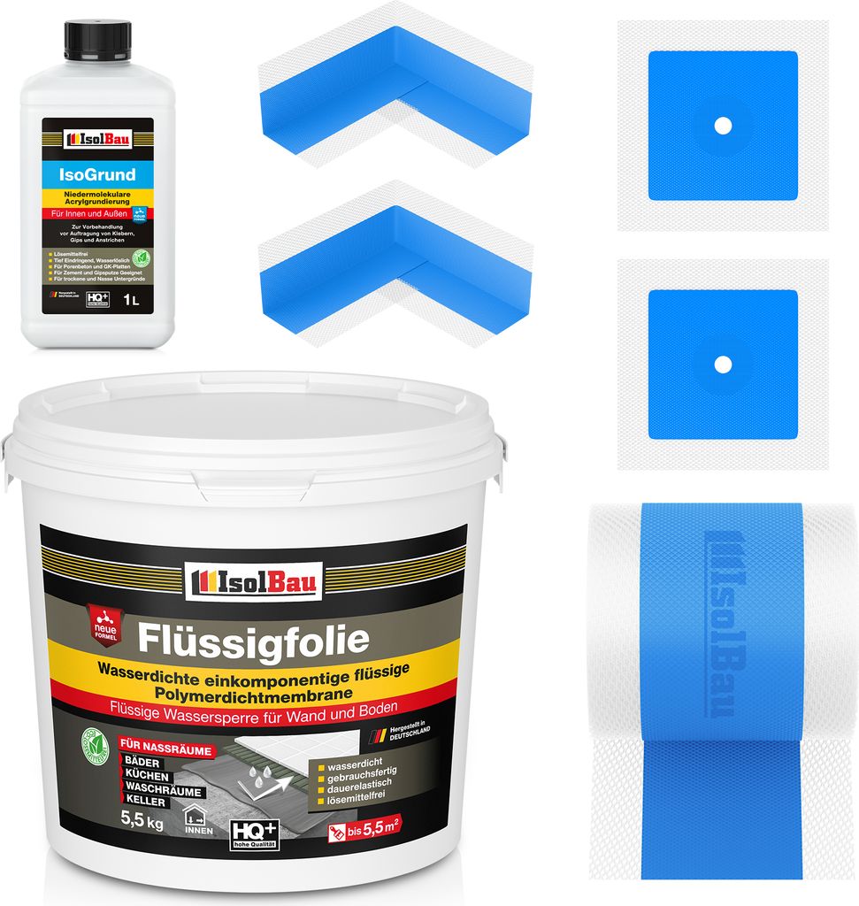 Isolbau Dicht-Set - Inkl. 1x Flüssigfolie (5,5 kg), 1x Isogrund (1 L), 1x Dichtband (5 m), 2x Innenecken & 2x Manschetten