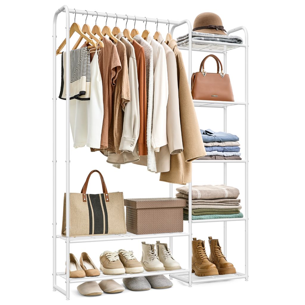 A white garment rack filled with clothing and accessories.