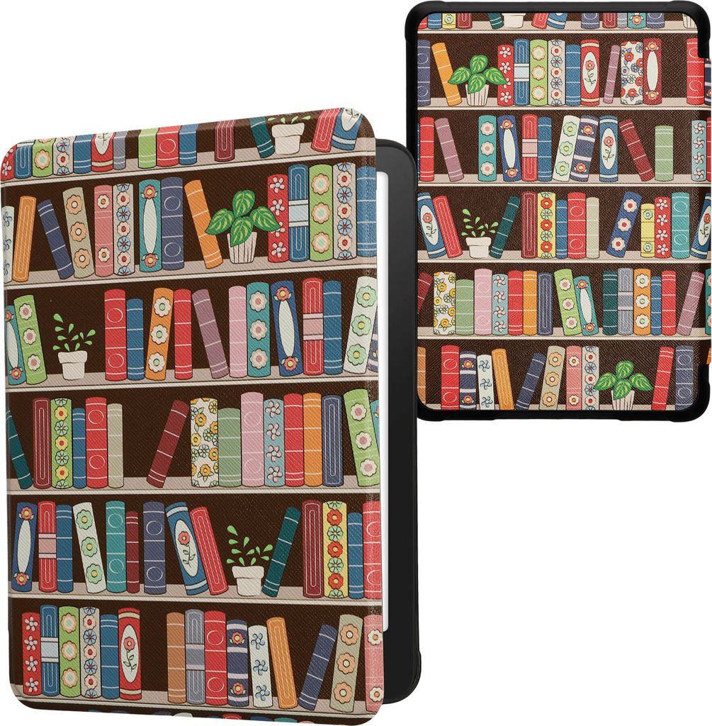 kwmobile Schutzhülle für Amazon Kindle Paperwhite (2024)/Colorsoft Hülle - eReader Flip Case mit Auto Sleep Funktion - Bücherregal mit Pflanzen...