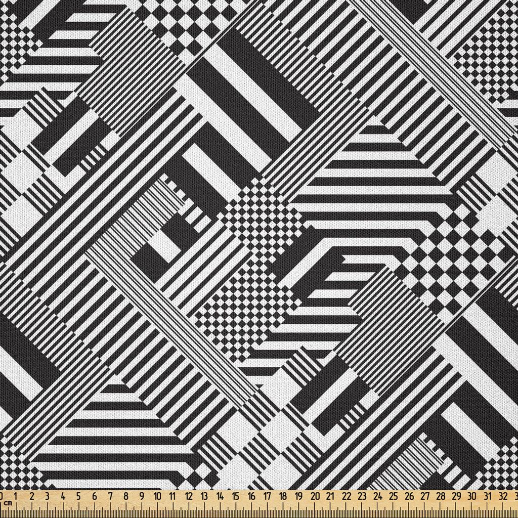 ABAKUHAUS Schwarz und weiß Microfaser Stoff als Meterware , Monochrome Streifen Squares Checkered Grid und Barcode-Muster Illustration, 2 M (230 x...
