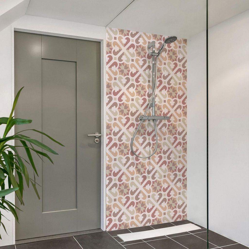 Duschrückwand Muster selbstklebend - 0.61 mm Wandpaneel wasserfest Ornament beige Fliesenoptik Abstrakt Badrückwand fugenlos Premium matt 110x210 cm