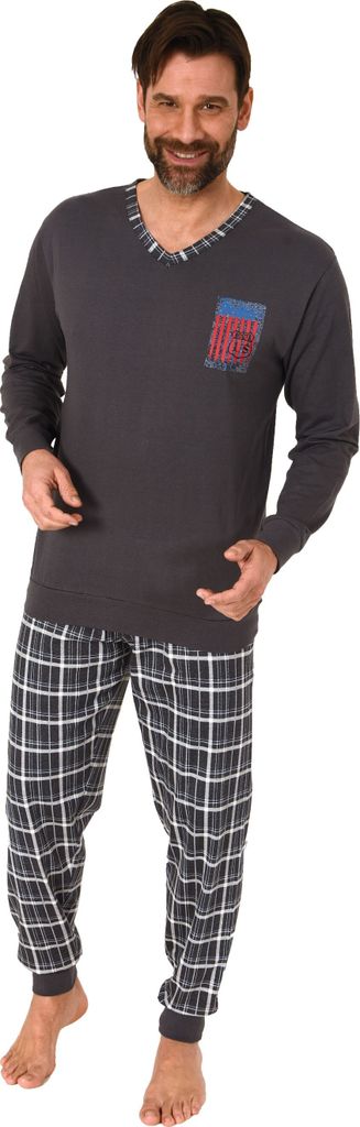 Herren langarm Schlafanzug Pyjama mit Bündchen und karierter Jersey Hose ; anthrazit , 56