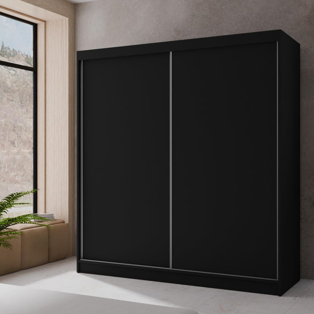 Kleiderschrank mit Schiebetüren Bergamo modernes Schiebetürenschrank mit Regale und Kleiderstange stilvoll Garderobenschrank mit LED, Farbe: Schw...