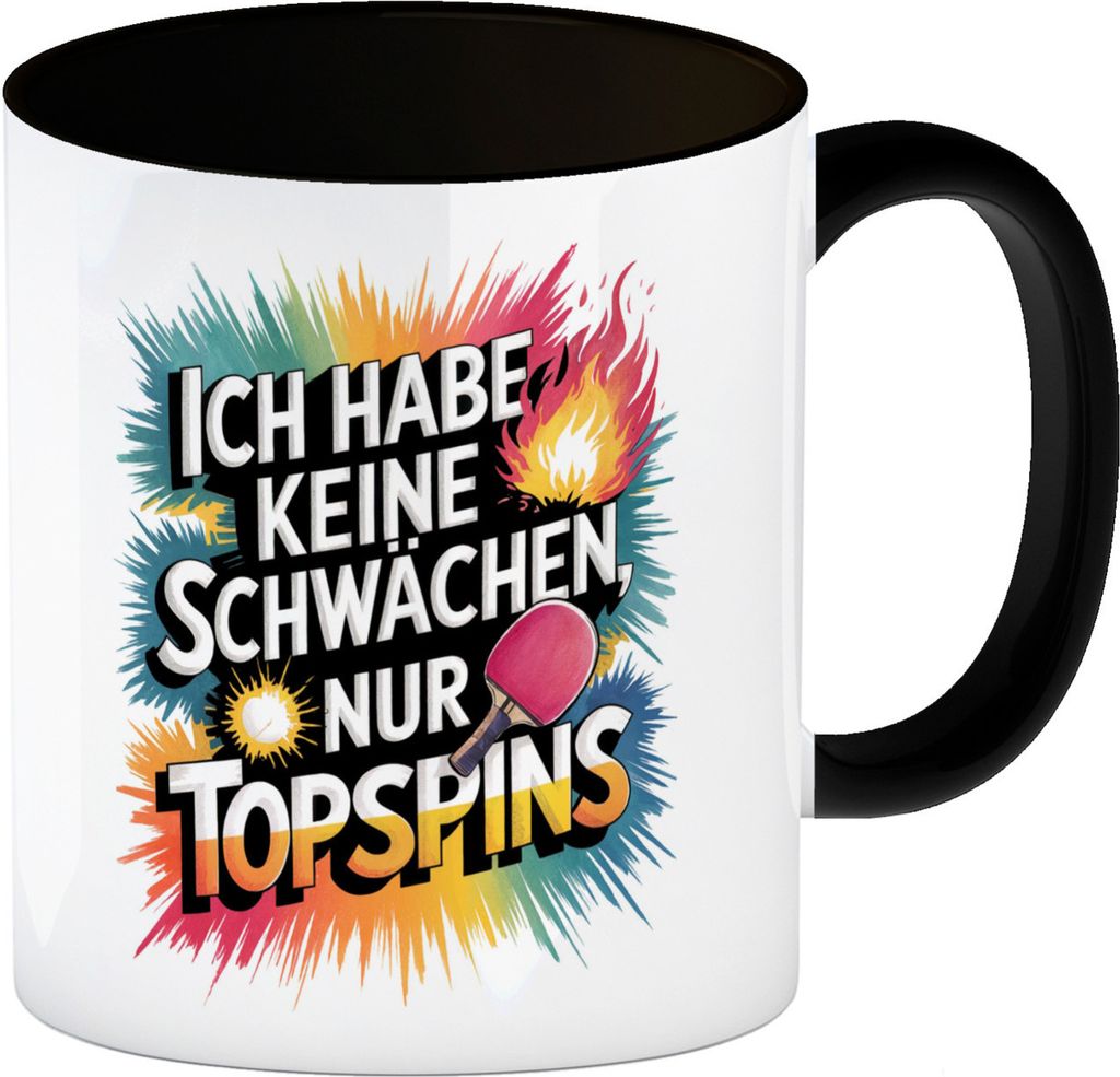 Keine Schwächen, nur Topspins Kaffeebecher in schwarz Tischtennisschläger und