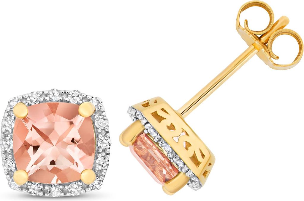 9 Karat (375) Gold Damen - Diamant Ohrstecker Brillant-Schliff 0.16 Karat mit Morganit - 8mm*8mm; TRS14430