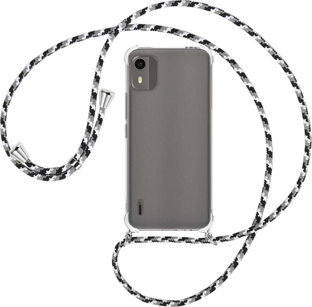 Handykette Backcover-Schutzhülle mit Band (Metall silberfarben) für Nokia C12, Nokia C12 Pro (6.3'') - schwarz/grau/weiß