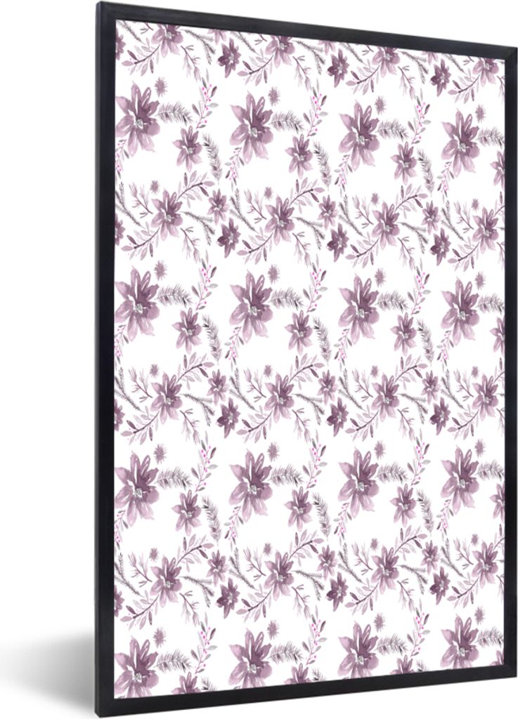 MuchoWow MuchoWow Gerahmtes Poster Blumen - Muster - Rosa 60x90 cm - Poster mit zchwarzem Bilderrahmen - Kunst