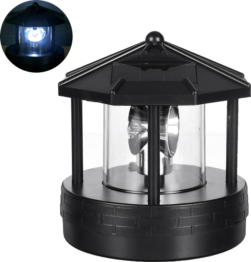 A black solar-powered lighthouse lamp with a clear glass cylinder and a rotating light inside.