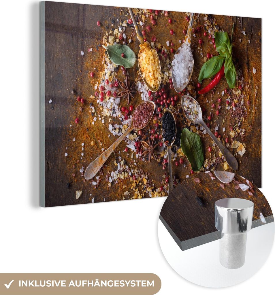 MuchoWow Glasbilder - Bilder auf Wandbild - Foto auf Glas Gewürze - Kräuter - Löffel - Salz - Braun - Küche 120x80 cm Wanddekoration aus Glas -...