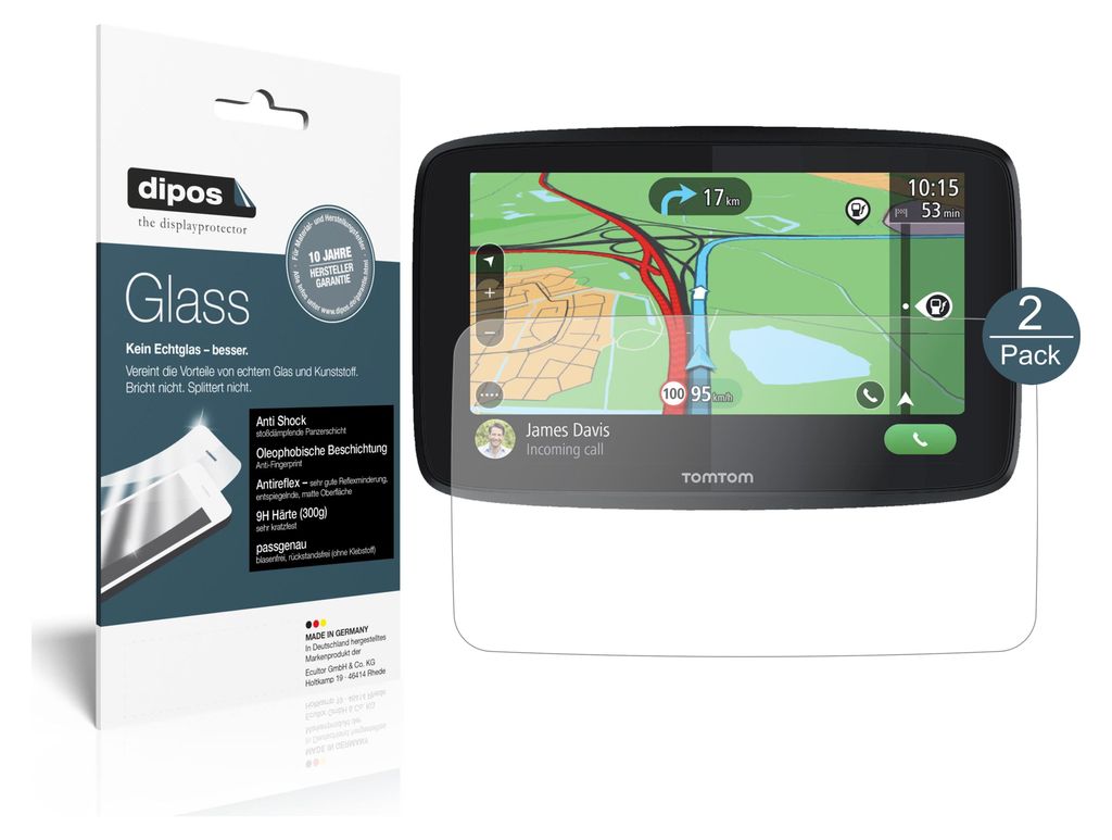 2x Schutzfolie für TomTom GO Essential 6 matt - Anti-Shock 9H Folie dipos Glass