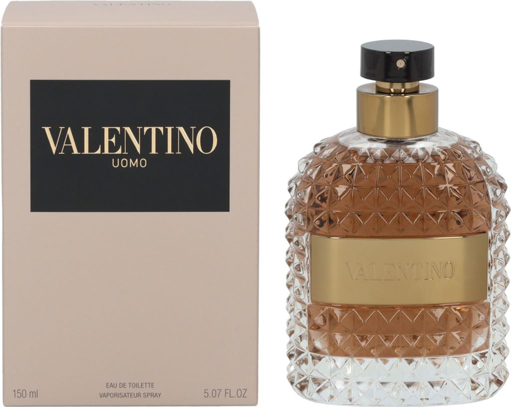 A product shot of a Valentino Uomo Eau de Toilette bottle and its packaging.
