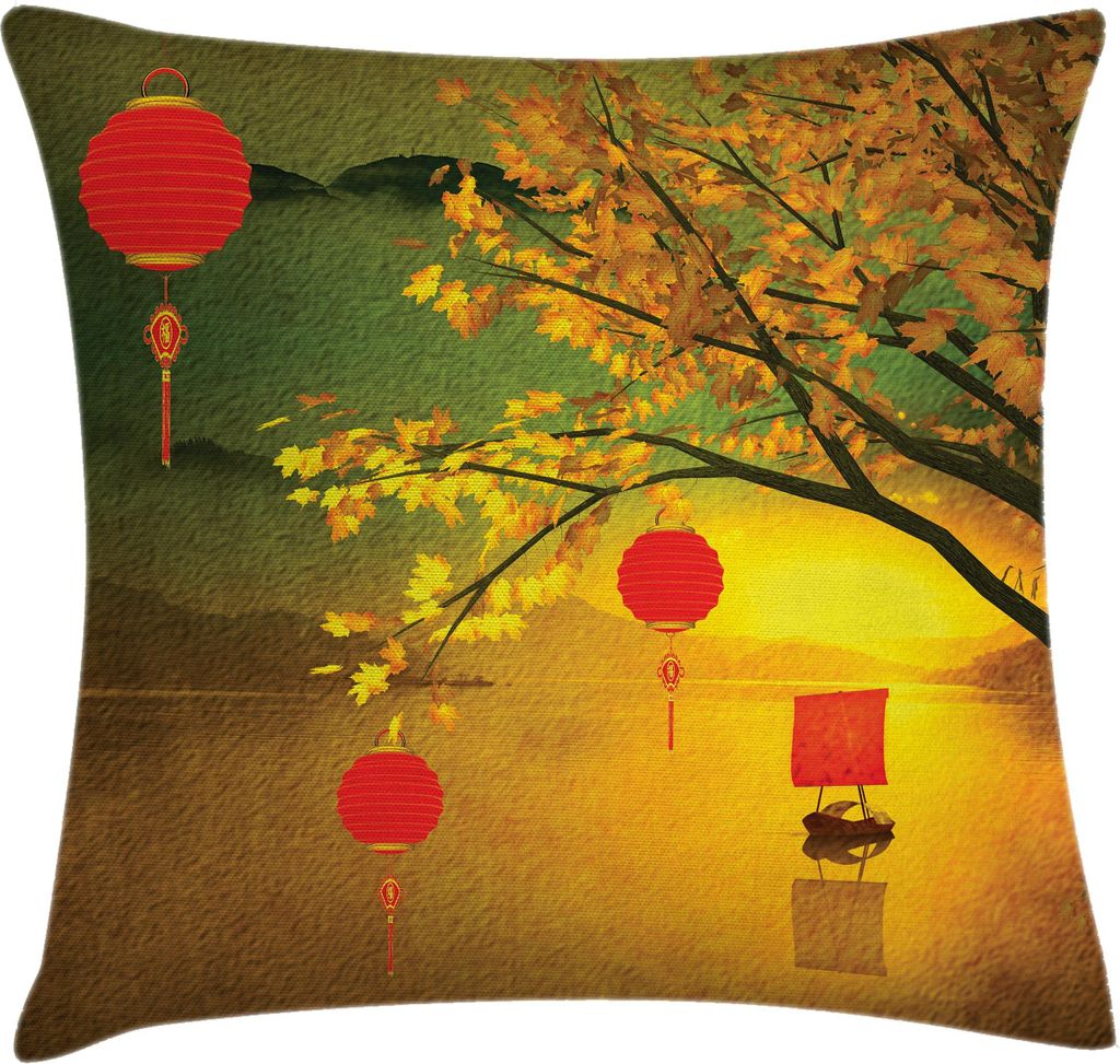 ABAKUHAUS Laterne Kissenbezug, Chinesischen Laternen, Die Vom Bleichen Fall Baum See Hängen, Verblaßten Natur Foto, 40 x 40 cm, Mehrfarbig