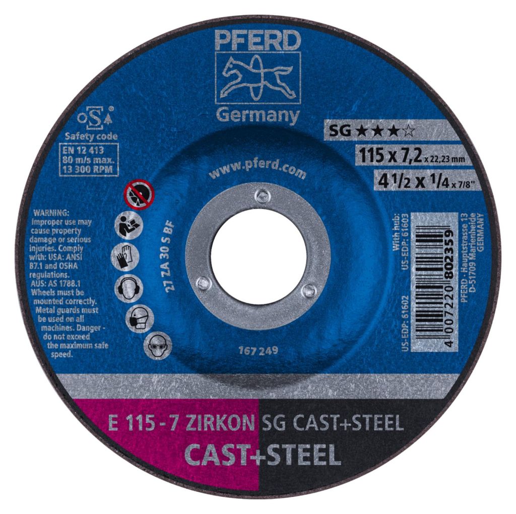 PFERD 62211747, Schneidedisk, Eisenguss, Stahl, 11,5 cm, Jede Marke, Eingedrückte Mitte, 2,22 cm