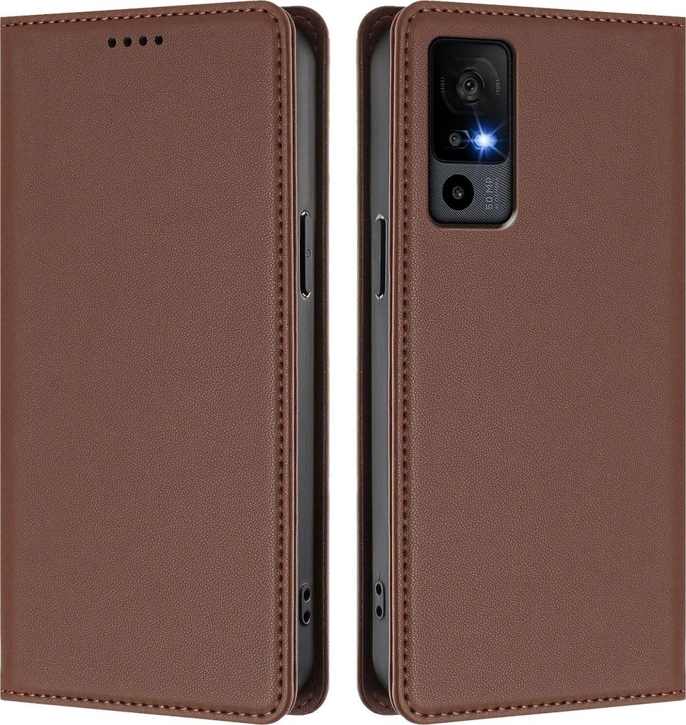 Handyhülle für TCL 40R, Kunstleder Klapphülle Stoßfeste Magnetische Hülle mit Ständer Braun