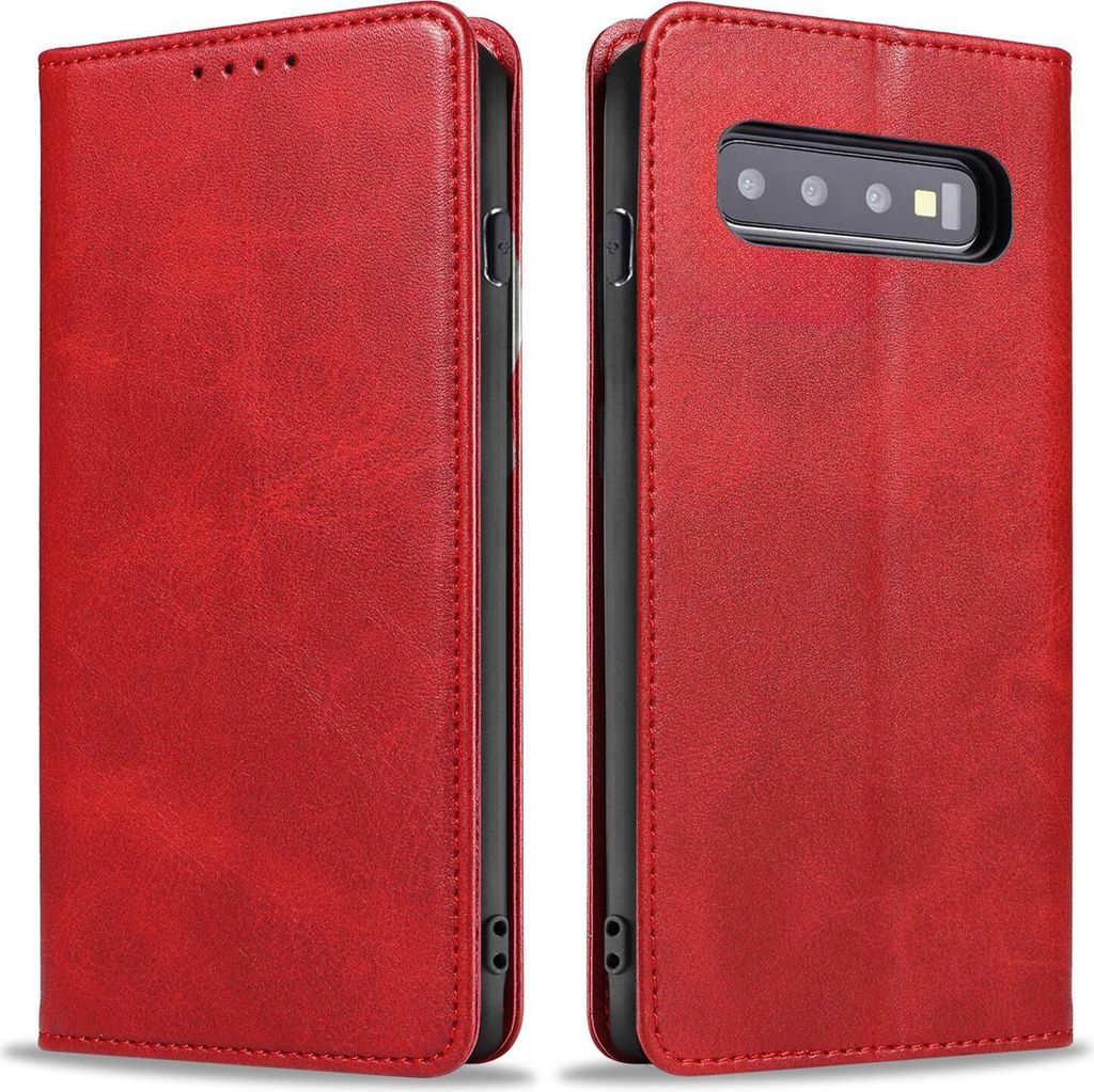A red leather flip case for a Samsung Galaxy S10 phone, shown from the front and back.
