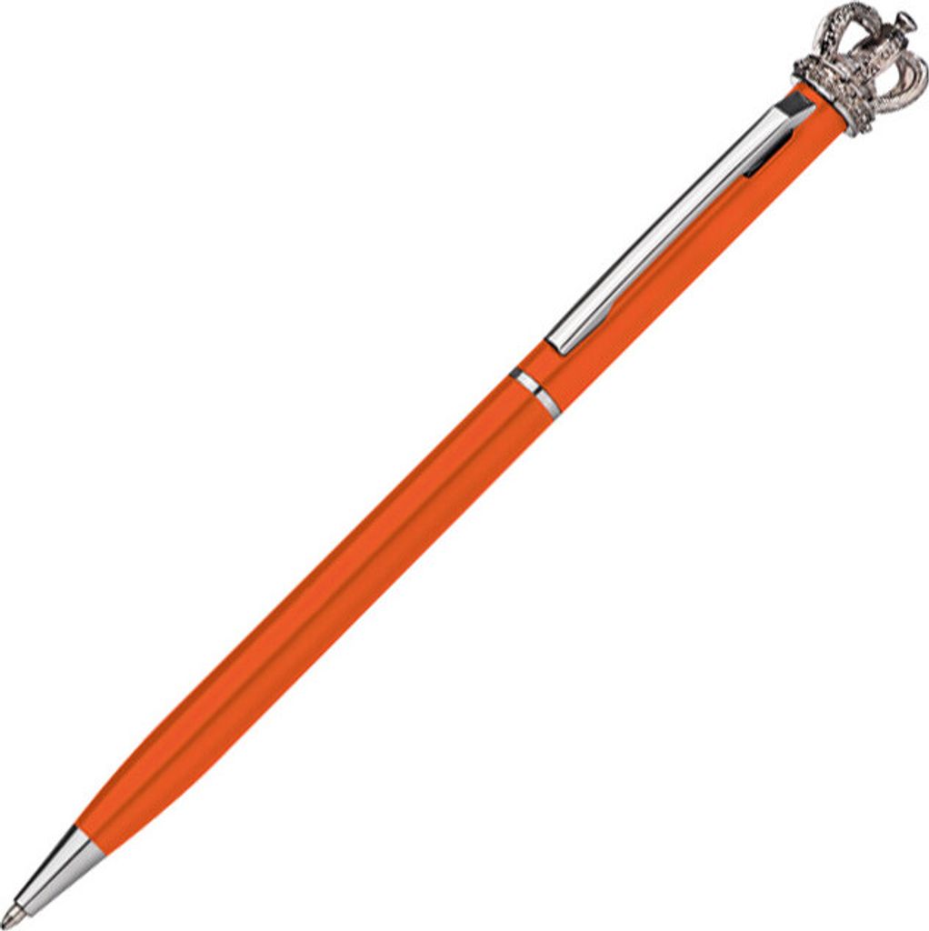 Drehkugelschreiber aus Metall / mit Krone / Kugelschreiberfarbe: orange