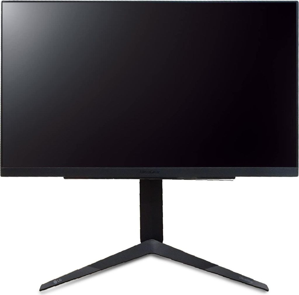 A black computer monitor on a black stand with a black base, set against a white background.