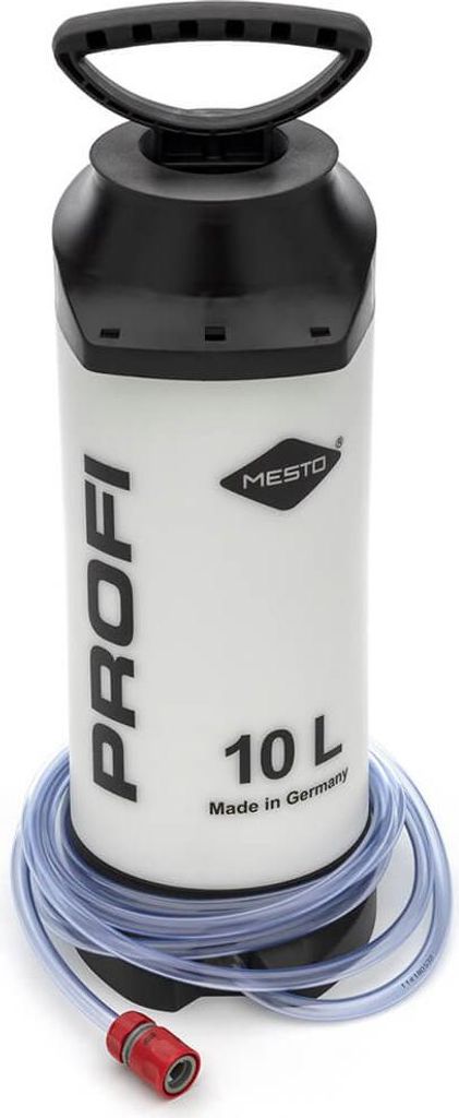 A white pressure water tank with a black handle and a clear hose coiled around its base.