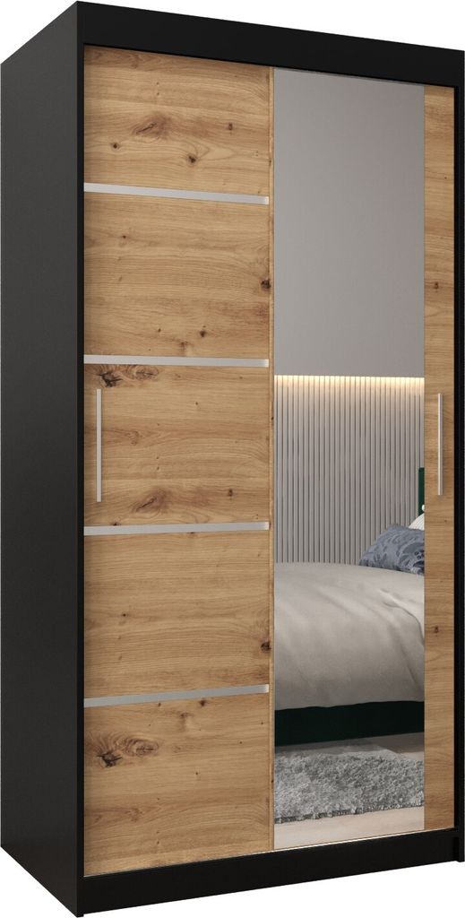 Kleiderschrank, Schiebetürenschrank Schlafzimmer, Schrank mit Spiegel VERONA 2 100 cm - Schwarz Matt + Artisan Eiche