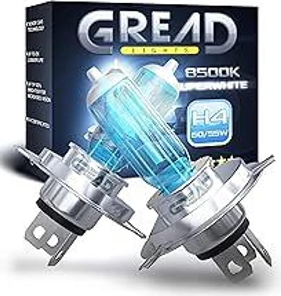 Gread - Lampadina H4 per auto H4 12V 55W - super-bianca - luce anabbagliante 8500k marchio di omologazione E senza registrazione - effetto xeno - 2 pezzi