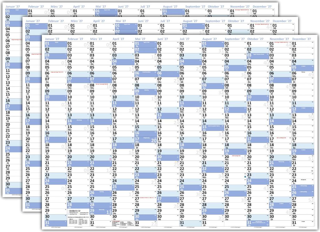 3 Stück XL Wandkalender DIN A1 2027 blau, nass abwischbar Format 59,4 x 84,1cm Jahresplaner Wandplaner gerollt