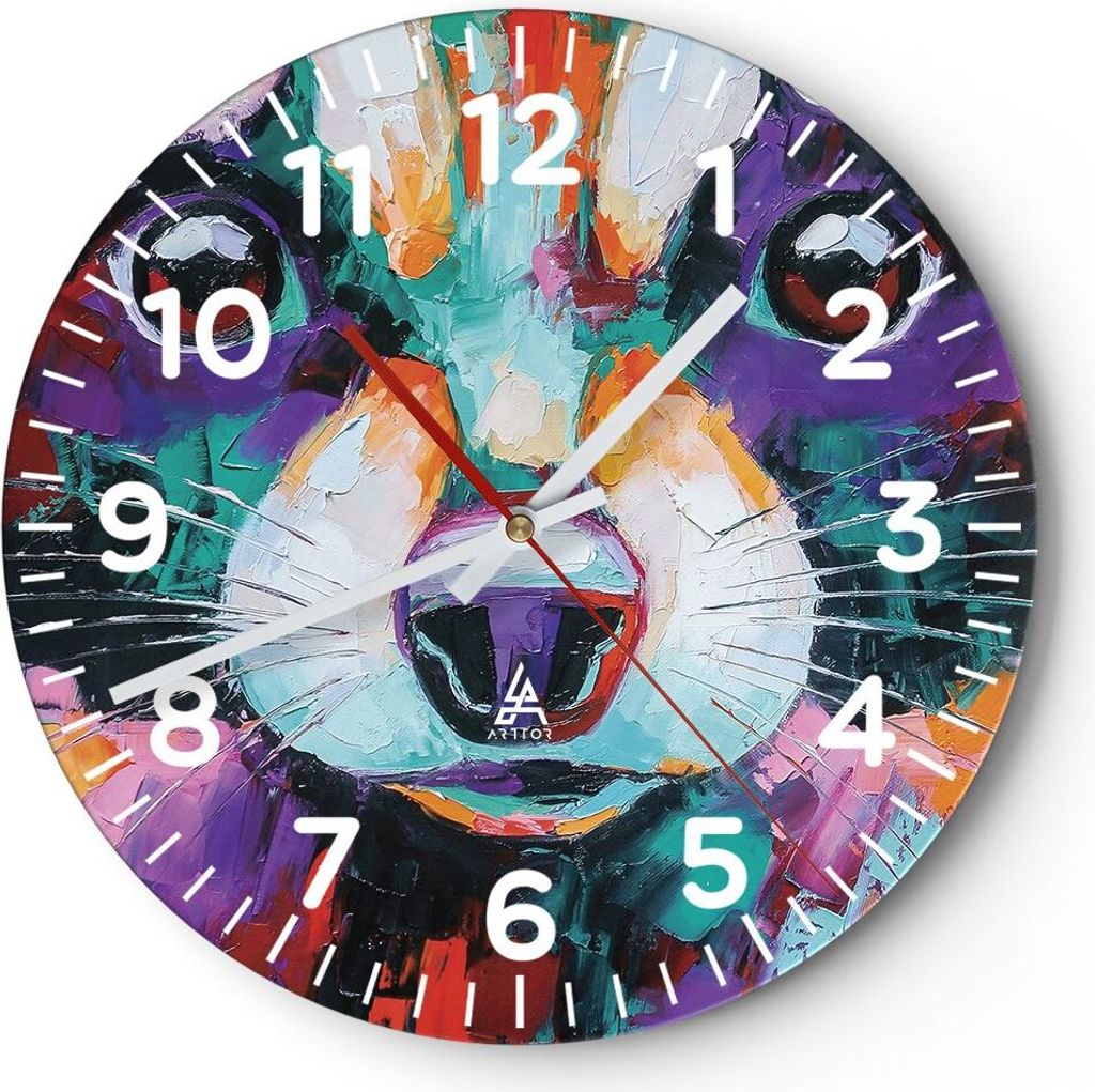 Wanduhr - Rund - Glasuhr - Waschbär Bunt Öl - 30x30cm - Schleichendes Uhrwerk - Lautlos - zum Aufhängen bereit - Dekoration Modern - Wanddekorat...