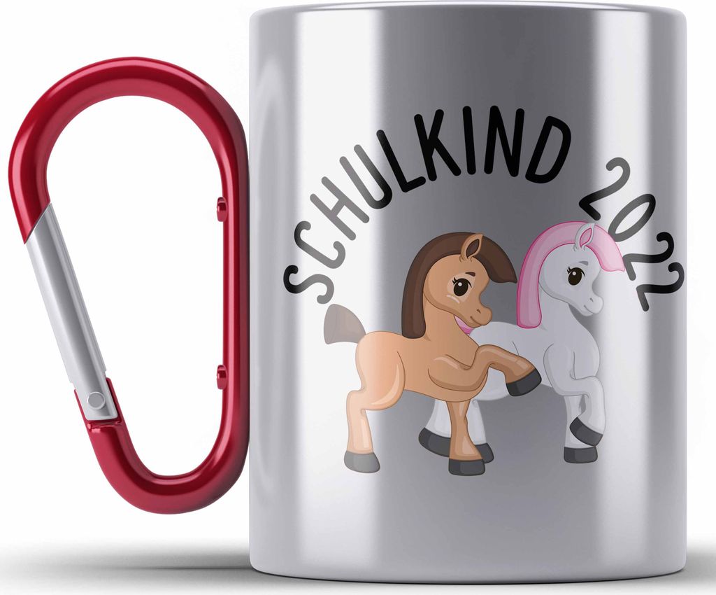 Trendation - Schulkind 2022 Pferde Einschulung Mädchen Geschenk Edelstahl Tasse Karabiner Schulstart 1. Schultag Schuleinführung Schulanfang Gesc...