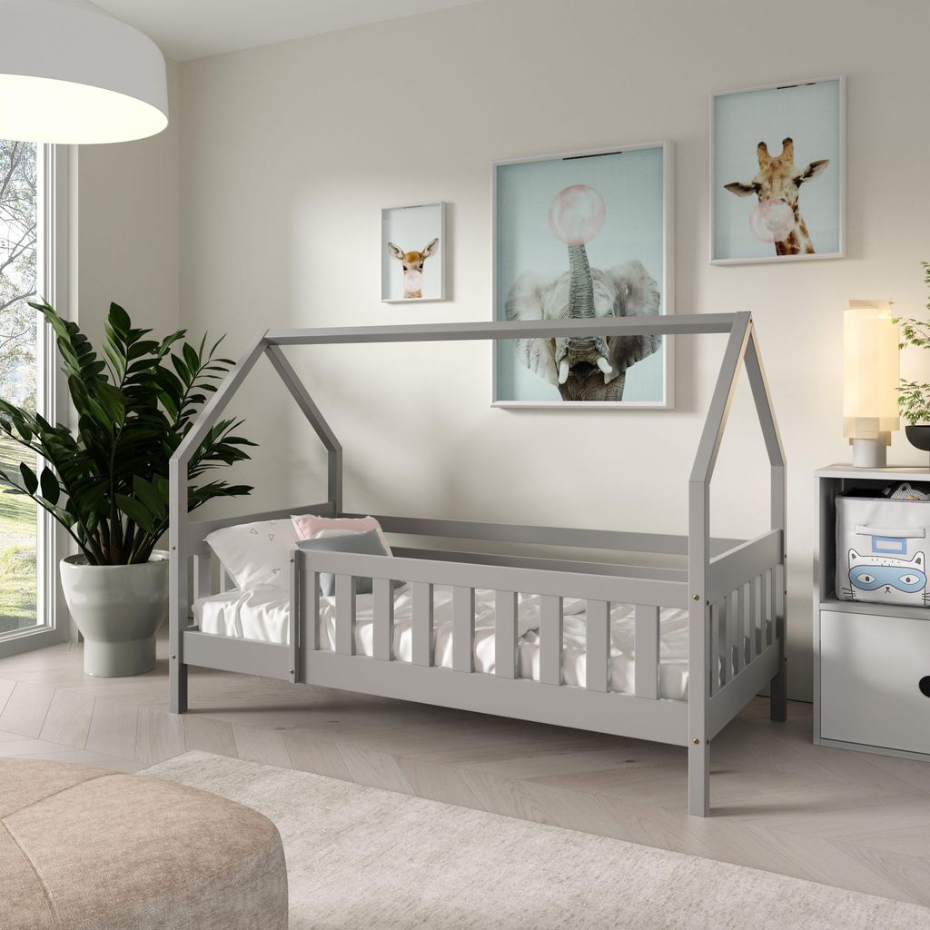 Masseno Kinderbett BELLA 80x160 cm mit Rausfallschutz, Einzelbett für Mädchen und Jungs, Hausbett für Kinder, Holz, Hellgrau