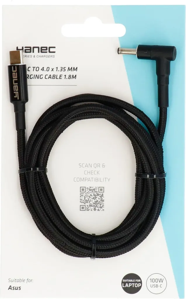Adaptateur Câble d'Alimentation USB-C vers DC 4.0x1.35mm Noir de 1.8m