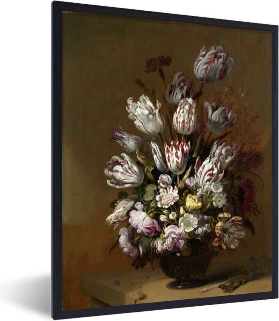MuchoWow Gerahmtes Poster Stilleben mit Blumen - Gemälde von Hans Bollongier 30x40 cm - Poster mit Schwarzem Bilderrahmen Wandposter Rahmen Foto...